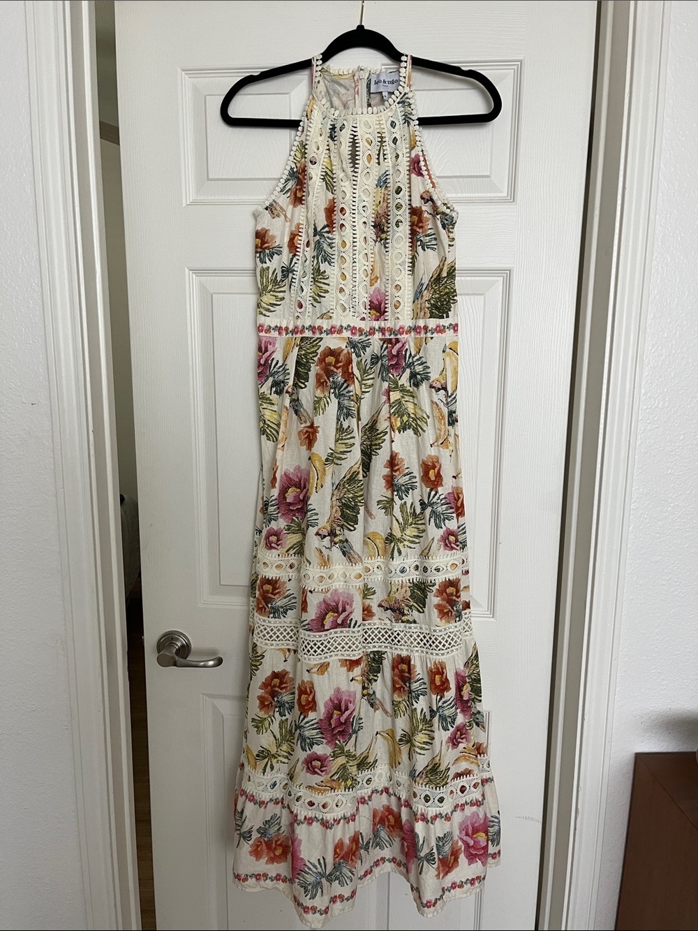 Leo and Ugo Paris linen blend tropical floral bird lace trim maxi dress